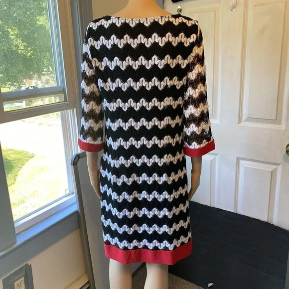 Sandra Darren womens Tunic Dress 12 Black white midi striped red Mesh Party Date - Picture 5 of 7